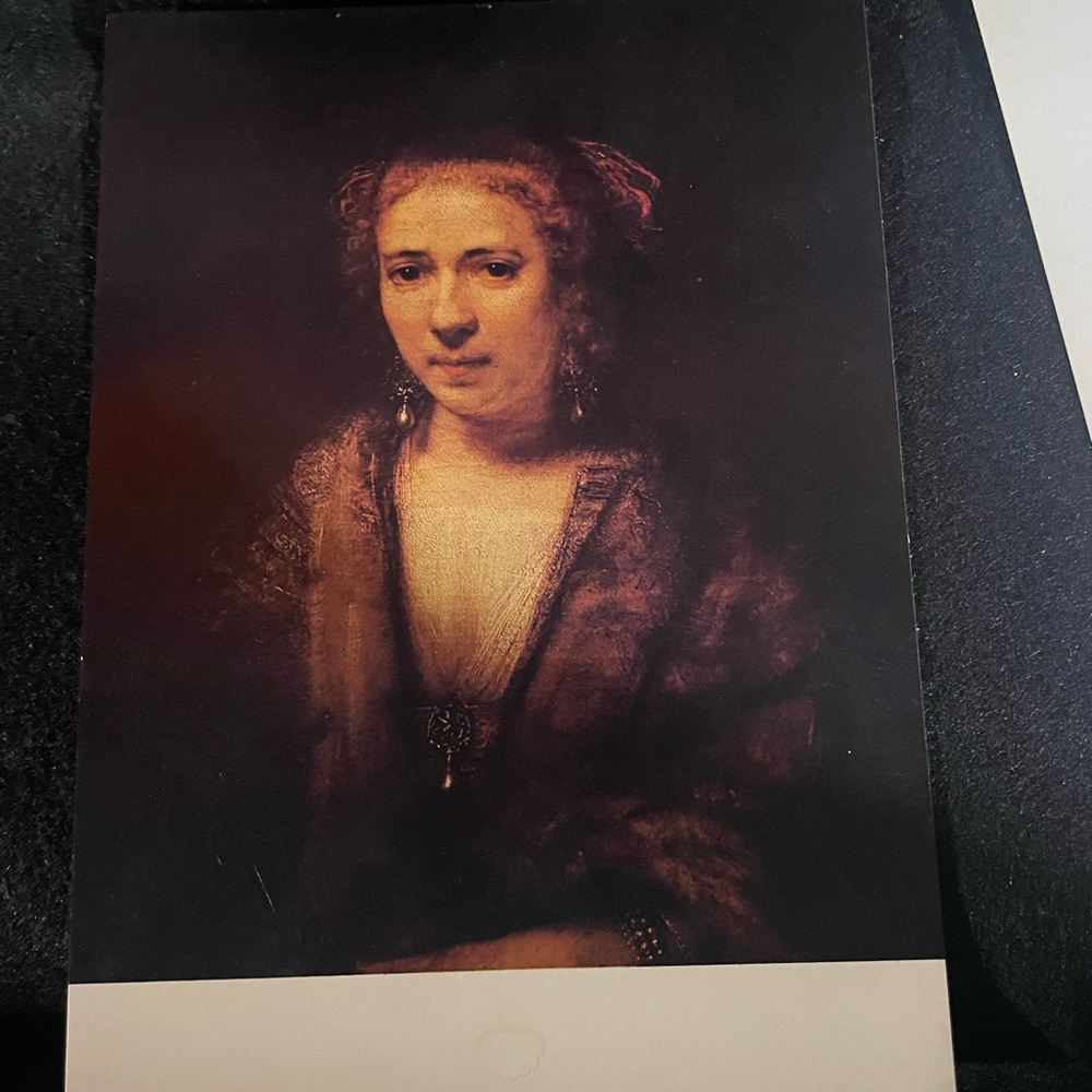 Postcard depicts the "Portrait of Hendrickje Stoffels" by Rembrandt.